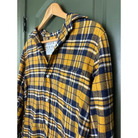 NWOT Frank & Eileen SILVIO Untuckable Button-Up Shirt Yellow Navy Plaid Medium - Picture 3 of 6